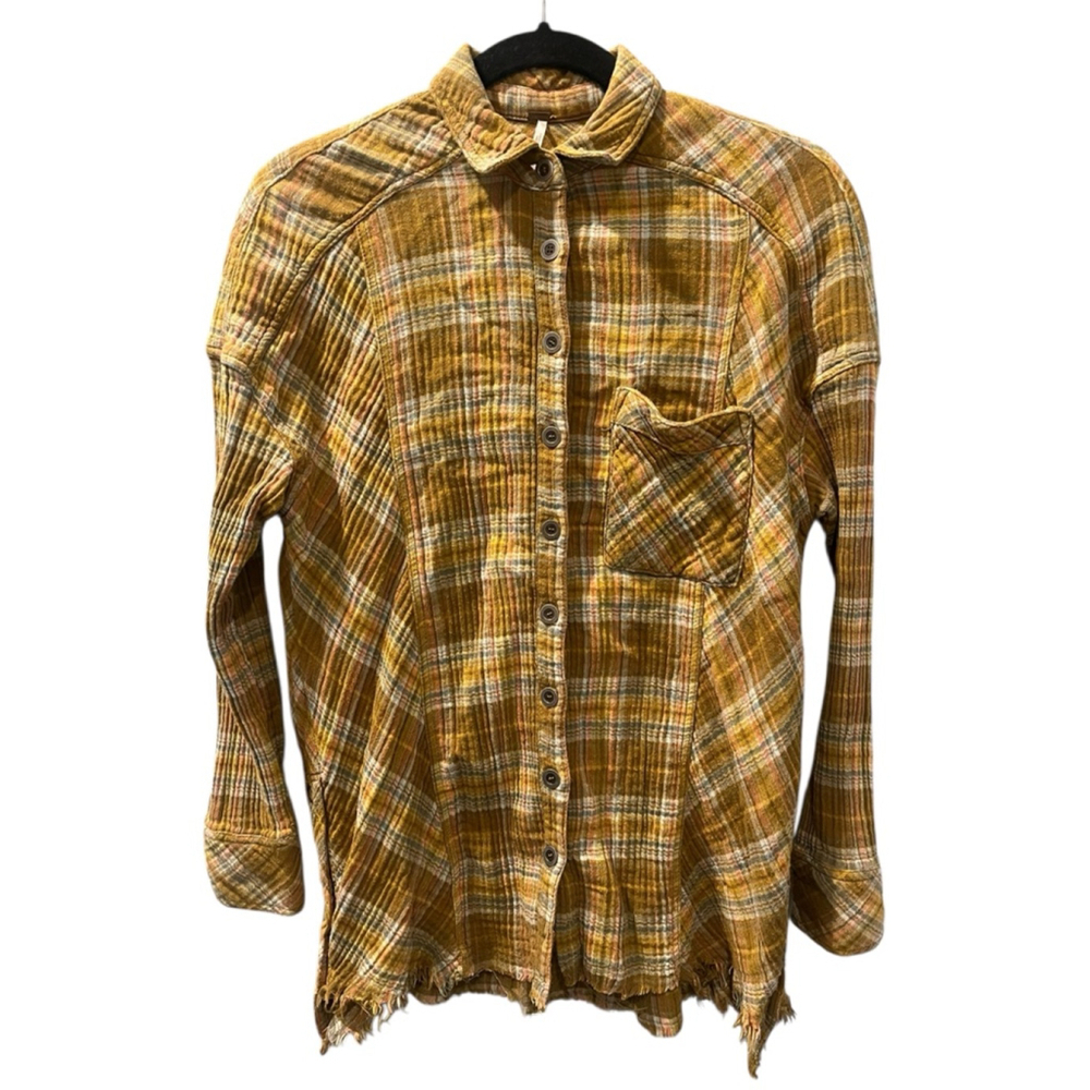 Free People Plaid Long Sleeve Button Down Oversized Shirt Size XS Casual Cotton